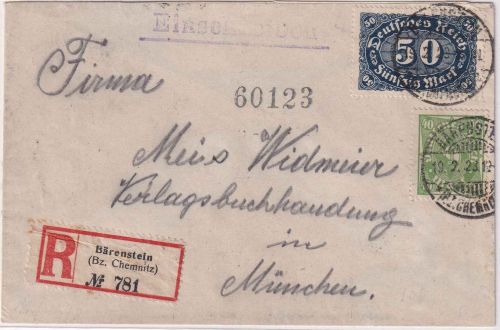 DR-Infla - 50 M. Queroval ua. Einschreibebrief Bärenstein (Bz. Chemnitz) 19.2.23