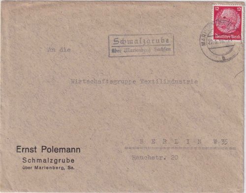 DR - Schmalzgrube ü. Marienberg (Sachsen) Landpost-Ra2 Brief n. Berlin 1939
