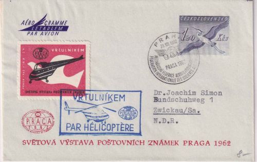 CSSR - 1,20 K. Ganzsache/Aerogramm PRAGA 1962 Helikopterflug + Vignette + SST