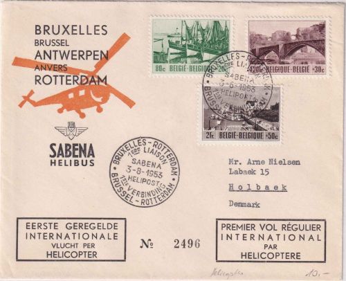 Belgien - Sabena Helikopter Erstflug Brüssel-Rotterdam Schmuckkuvert 1953