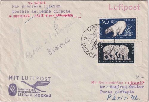 DDR - Leipzig 1957 Messeluftpost Zuleitung Helikopterflug Brüssel-Paris