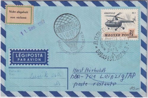 Ungarn - 2 Ft Helikopter Luftpostbrief SST Budapest Aerofila Zuleitungspost 1967