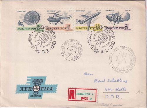 Ungarn - Aerofila 67 4er-Streifen Einschreibebrief/Helikopterpost Budapest 1967