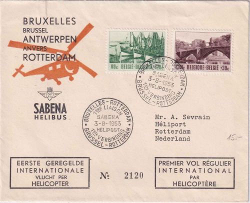 Belgien - Sabena Helikopter Erstflug Antwerpen-Rotterdam Schmuckkuvert 1953