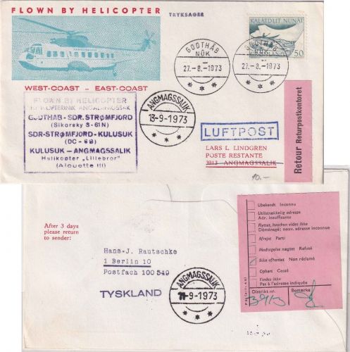 Groenland - Godthab-Angmagssalik Helicopterpost Schmuckkarte 27.8.1973