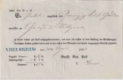 Baden - Adelsheim blauer L1 Wertpaketaufgabeschein n. Stuttgart 1850
