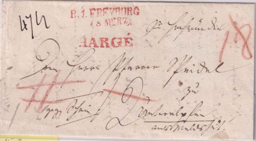 Baden - R1 Freiburg 18. MERZ (1818) roter L2 Chargebrief n. Waldshut - m. Inhalt