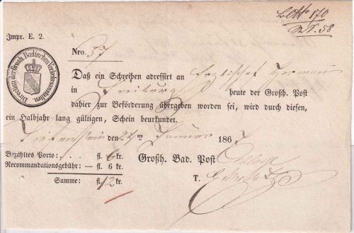 Baden - Tiefenstein (Postablage !) 1867 Aufgabeschein f. Chargebrief n. Freiburg