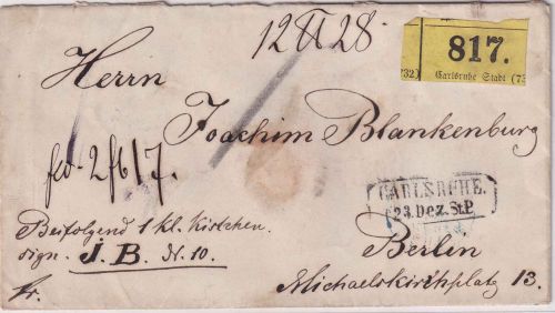 Baden/Preussen - Carlsruhe 23. DEZ St.P. (1867) Paketbegleitbrief n. Berlin