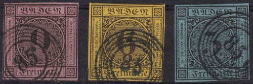 Baden - 9+6+3 Kr. Ausgabe 1851/58 je Ring "84" (Ludwigshafen) 2xschwarz 1xblau !