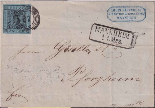 Baden - 3 Kr. blau/geschn. vollrandig Brief Ring 87 Mannheim 11. Mrz. (1859)
