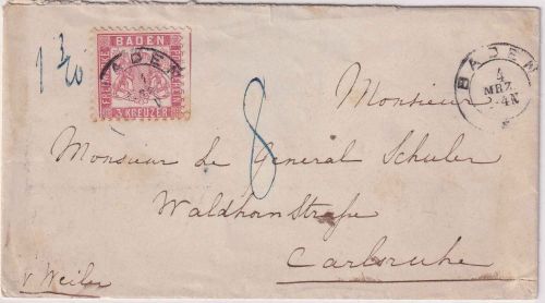 Baden - 3 Kr. Ausg. 1862 unterfrankierter Brief K2 Baden 4. MRZ (1857) Nachporto