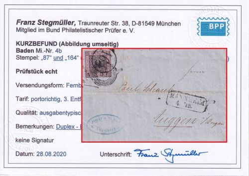 Baden - 9 Kr. geschn. Ring 87+164 Mannheim/Bahnpost Brief Mannheim 4. Jan (1855)