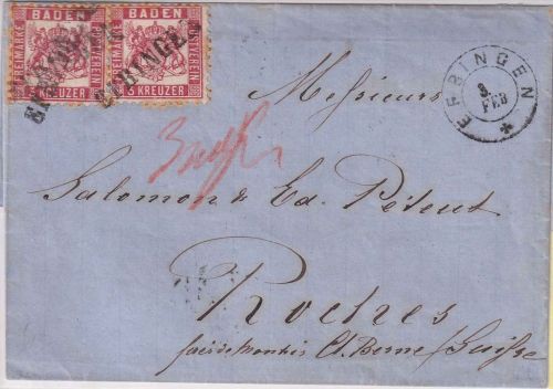 Baden/Schweiz - 2x3 Kr. Ausgabe 1862 Brief L1 Efringen - Roches 1866