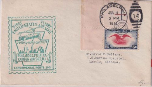 USA - 1st Experimental Rotary Wing Air Mail Flight Philadelphia - Mobile 6.7.39