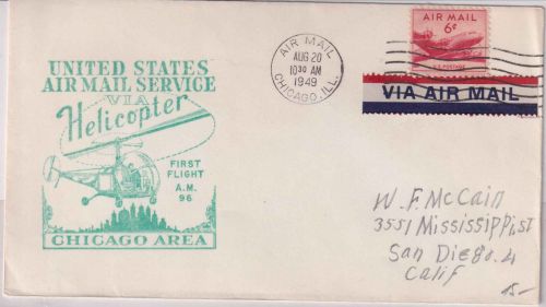 USA - Chicago Helicopter 1st-Flight AM96 Luftpostbrief n. San Diego 20.8.1949