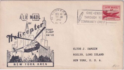 USA - New York Helicopter 1st-Flight AMIII Luftpostbrief Yonkers DEC 10, 1952