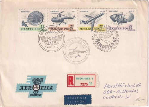 Ungarn - Aerofila 67 4er-Streifen Einschreibebrief/Helikopterpost Budapest 1967