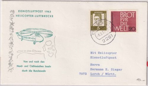 BRD - Eisnotluftpost 1963 Helicopter Luftbrücke Schmuckkuvert Pellworm - Lorch