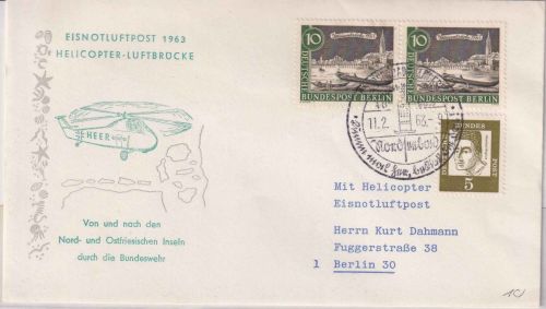 BRD - Eisnotluftpost 1963 Helicopter Luftbrücke Schmuckkuvert Wangerooge