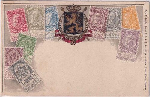 Belgien - Freimarkenausgabe Leopold II + Wappen farbige Präge-AK ca. 1895/1900