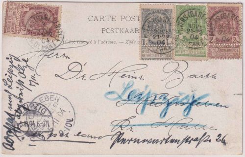 Belgien - 2x2+1+5 C. Wappen Karte Anvers - Hederleben (KOS) 1904 Weiterleitung