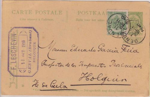 Belgien - 5 C. Wappen Ganzsache+Zusatz n. CUBA Genval - Holguin 1910