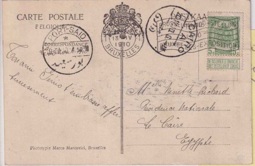 Belgien - 5 C. Wappen Drucksachenkarte n. ÄGYPTEN Brüssel - Cairo 1910