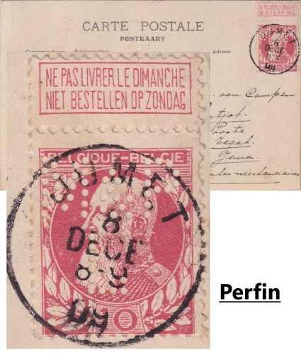 Belgien - 10 C. Leopold II. Perfin Karte n. NIEDERL. INDIEN Jumet 1909