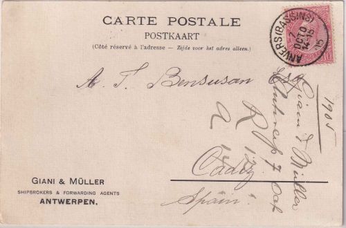 Belgien - 10 C. Leopold II. Karte n. SPANIEN Anvers - Cadiz 1905