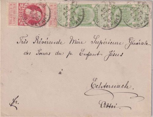 Belgien - 10 C. Leopold II. u.a. Brief n. LUXEMBURG Brüssel - Echternach 1907