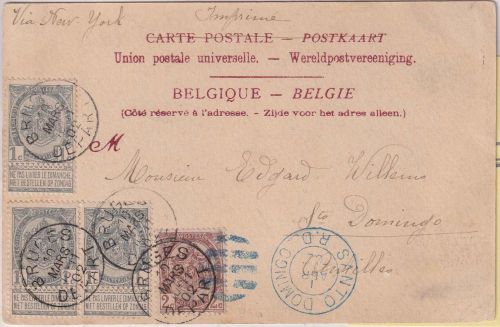 Belgien - 3x1+2 C Wappen Drucksachenkarte a.d. ANTILLEN Bruges - S. Domingo 1902