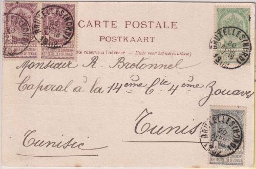 Belgien - 2x2+1+5 C. Wappen Karte n. TUNESIEN Buxelles - Tunis 1902