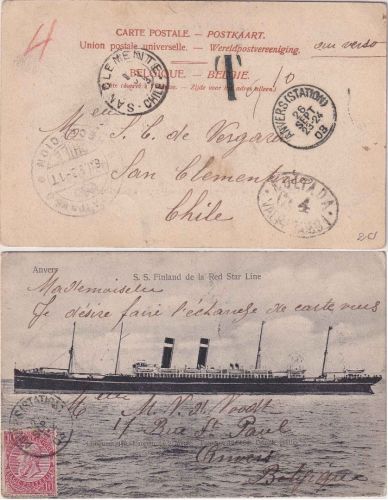 Belgien - 10 C. Leopold II. Karte n. CHILE Anvers - San Clemente 1903 Nachporto