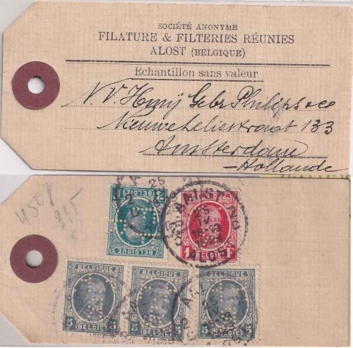 Belgien - 2+1 Fr.+3x5 C. Albert I. Paketanhänger/Muster ohne Wert Alost 1929