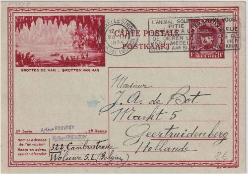 Belgien - 1 F Albert I. Bildganzsache (Grottes de Han) n. HOLLAND Bruxelles 1934