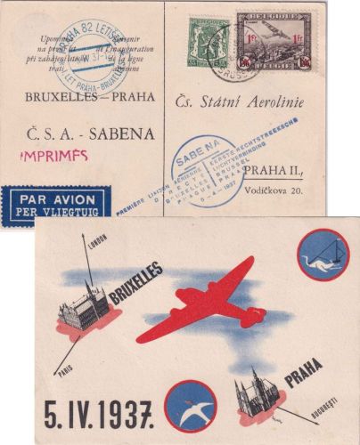 Belgien - SABENA Firstflight Bruxelles Praha 5.4.1937 Sonderkarte