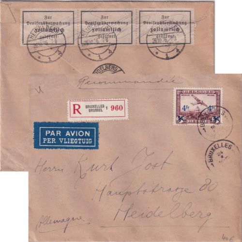 Belgien - 4/5 Fr. Flugpost/Überdruck Luftpost-Einschreibebrief Bruxelles 1936