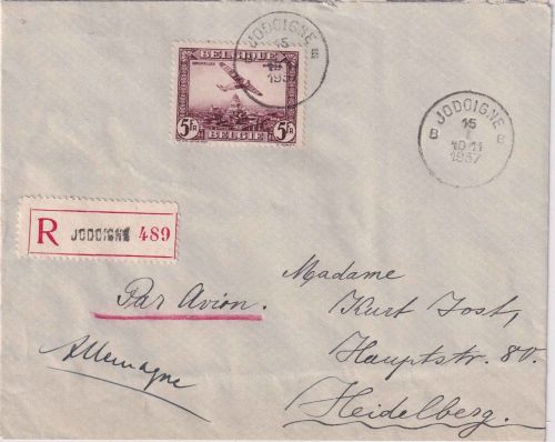 Belgien - 5 Fr. Flugpost Luftpost-Einschreibebrief Jodoigne - Heidelberg 1937