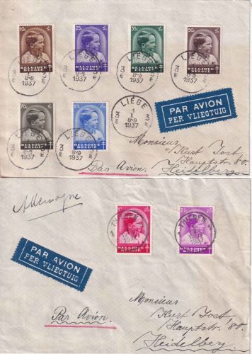 Belgien - Tuberkulose 1936 Satz/ 2Luftpostbriefe Thienen/Liege 1.1.1937