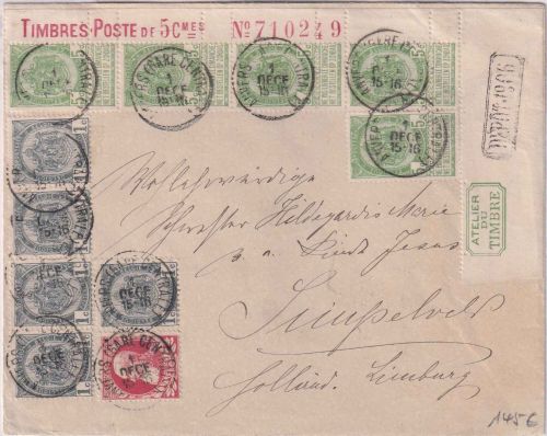 Belgien - 5x5 C. Wappen Bogenecke Bogennummer/Zudrucke ua. Brief Anvers 1906