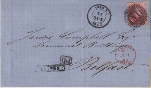 Belgien - 40 C. Leopold I. Brief n. IRLAND Banhpost Ra1 Anvers + Nord N1 1863