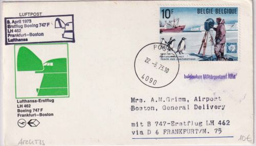 Belgien - Lufthansa Firstflight FFM Boston Zuleitung belg. Militär-PA Köln 1973