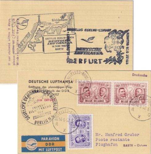 Belgien - DDR-Lufthansa Erstflug Erfurt Barth Zuleitungspost Brüssel 1957
