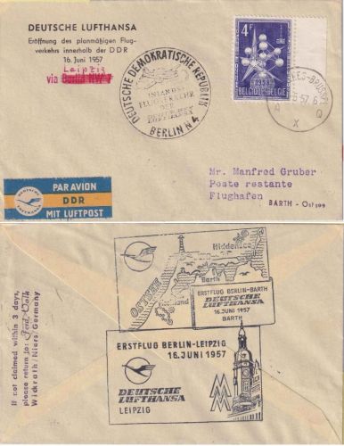 Belgien - DDR-Lufthansa Erstflug Leipzig Barth Zuleitungspost Brüssel 1957