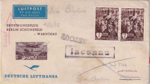 Belgien - DDR-Lufthansa Erstflug Berlin Warschau Zuleitungspost Brüssel 1956