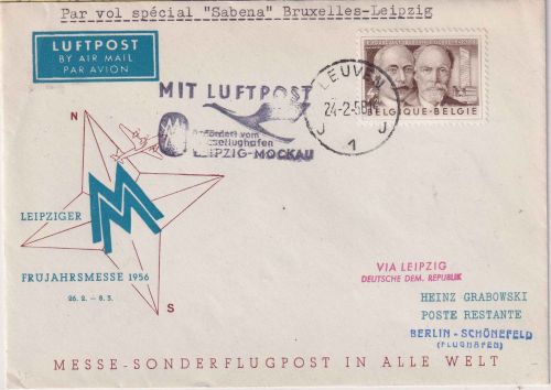 Belgien - Sabena Zuleitungspost Messe-Sonderflug Leipzig Berlin Leuven 1956