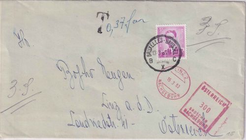 Belgien - 3 F. Baudouin Brief n. ÖSTERREICH Brüssel - Linz 1963 Nachporto