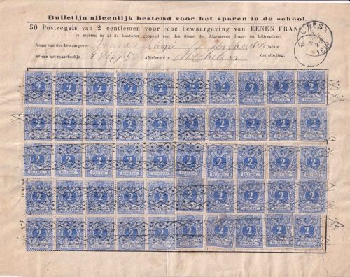 Belgien - 50x2 C. Ziffer Einzahlungsquittung Spar- u. Rentenfonds Malines 1884
