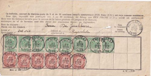 Belgien - 8x5 C. Wappen u.a. Einzahlungsquittung Spar- u. Rentenfonds 1899
